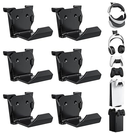 KUNSLUCK 6 Pack Controller Wall Mount – Universal Game Controller Holder for PS5, Xbox, Switch – Adhesive or Screw Installation – Headset & Controller Storage Hook (Black)