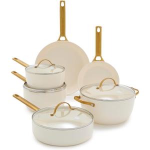 GreenPan Reserve Hard Anodized Healthy Ceramic Nonstick 10 Piece Cookware Pots and Pans Set, Gold-Tone Stainless Steel Handles, PFAS & PFOA-Free, Dishwasher Safe, Oven & Broiler Safe, Cream White