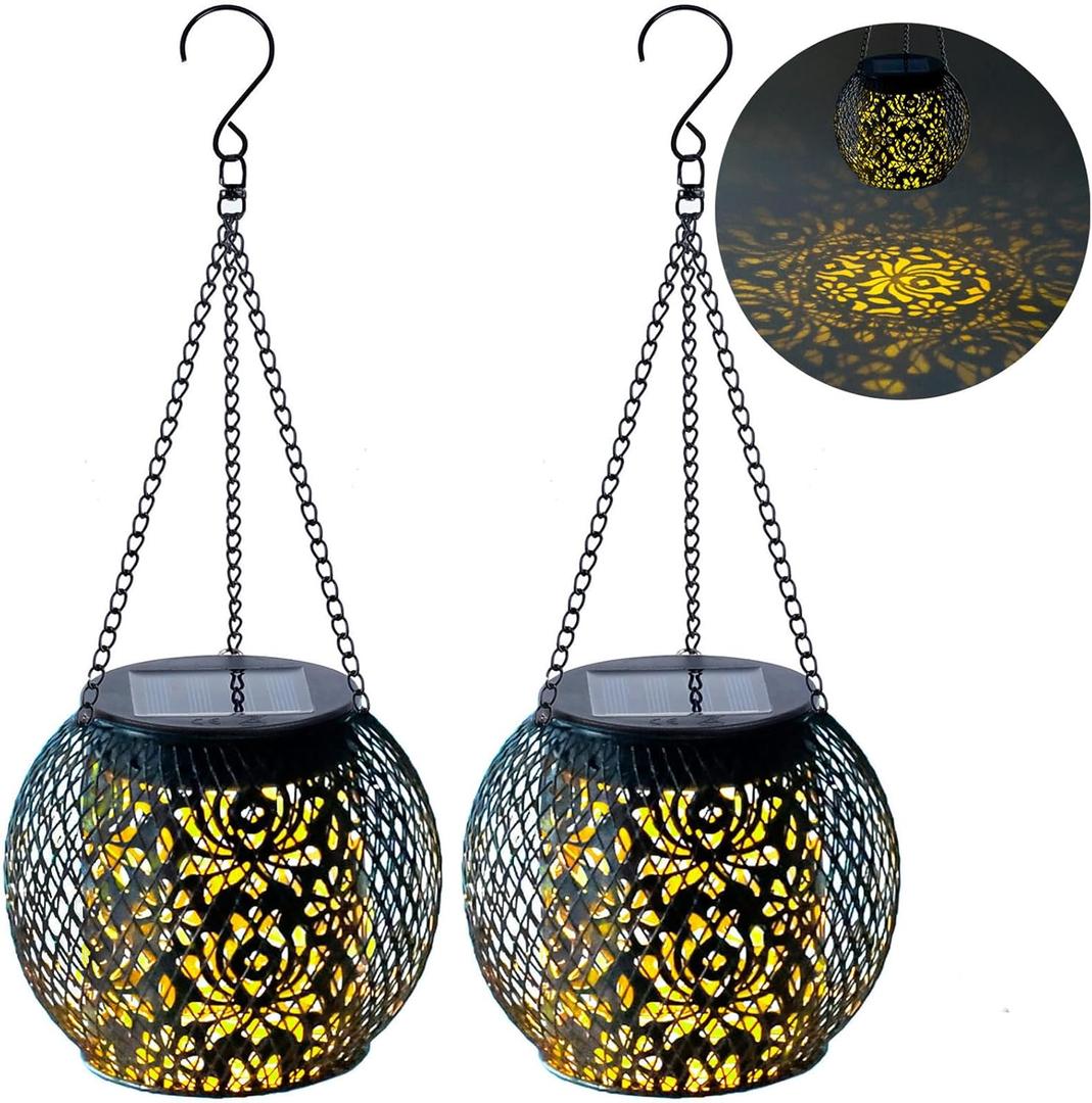 Solar Lanterns Outdoor Waterproof, 2 Pack Hanging Solar Lights Outside Garden Decor, Gifts for Women Mom Grandma Metal Decorative Lantern for Patio Yard Porch Balcony Backyard Lawn(4.6x4.6inch)