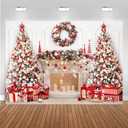 Mocsicka Christmas Fireplace Backdrop White Red Christmas Tree Photography Background Winter Christmas Family Kids Holiday Party Banner Decorations Photo Booth Props (Red, 7x5ft(82''x60''))