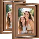 2 Pack 5x7 Walnut Rotating Floating Picture Frames, Double-Sided Solid Wood Photo Frame with HD Glass, Shatterproof, Fade Resistant, UV Protection, Vertical or Horizontal Tabletop Display