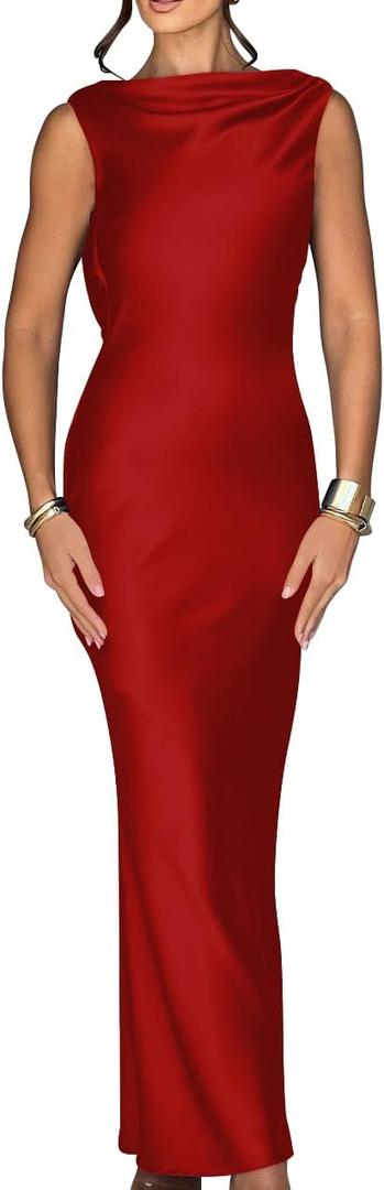Memoriesea Women's Satin Elegant Sleeveless High Neck Tie Cocktail Party Maxi Dress (Large, Red)