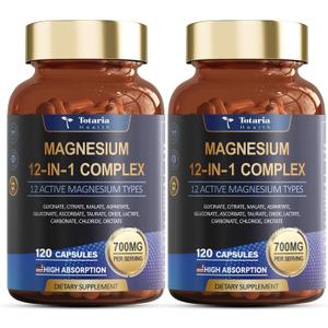 Magnesium Complex 700mg 12 in 1 Magnesium Supplement with Glycinate Citrate Malate Oxide Taurate Aspartate Orotate Magnesium Relaxation,Muscle,Heart Support, Vegan 120 Capsules 2PK