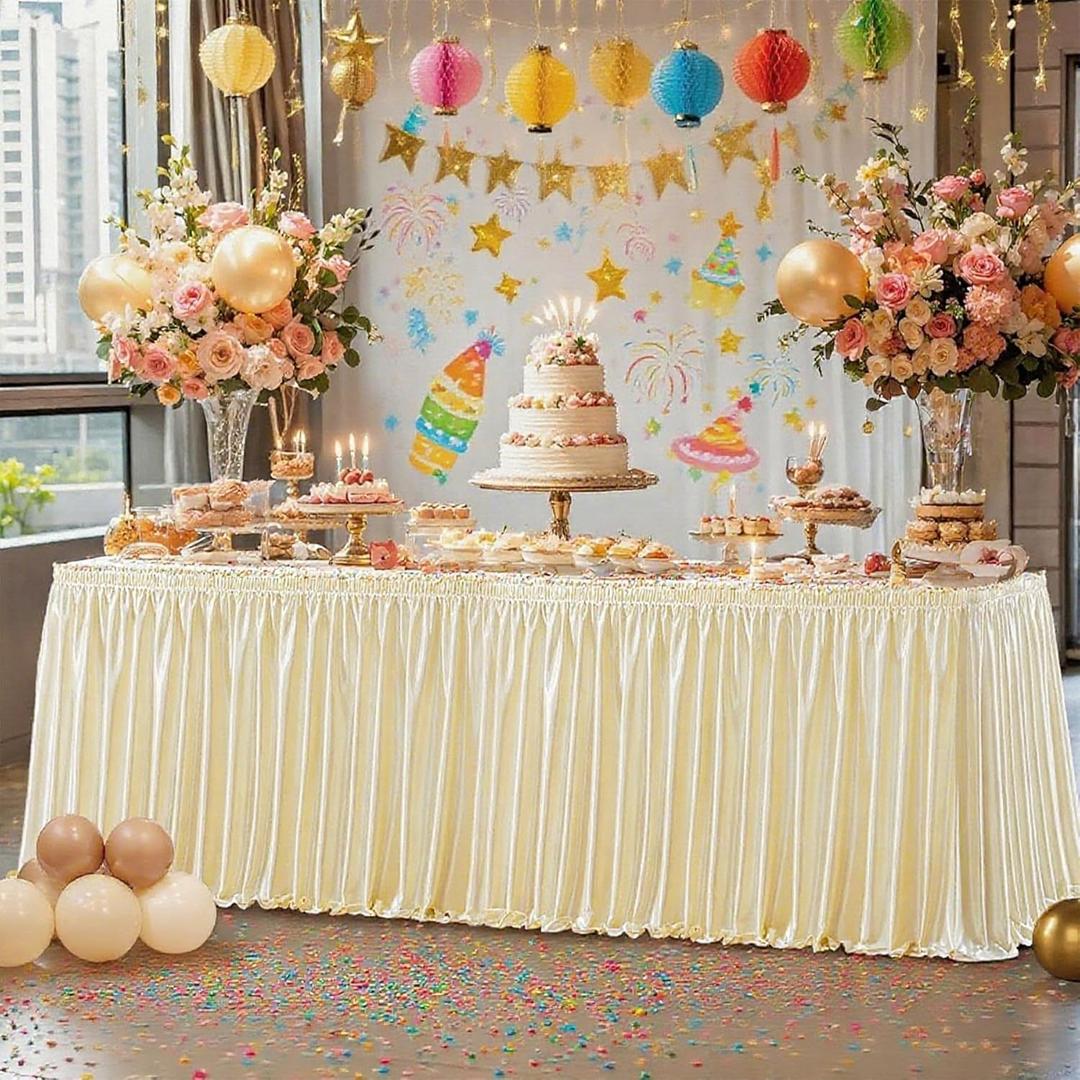 6ft Length Glitter Champagne Table Skirt for Rectangle Tables, Wrinkle Free Pleated Ruffle Table Cloth Desk Skirting for Baby Shower Weddings Birthday Party Banquet Dessert Cake Table Decorations