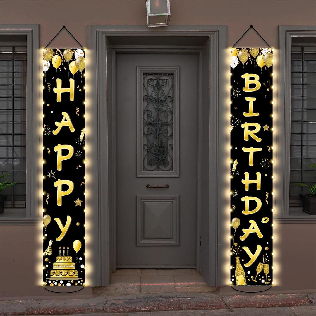 Black Gold Happy Birthday Door Banner Lighted Decorations for Men Women Happy Birthday Banner Porch Sign with LED light Party Supplies 16th 18th 30th 40th 50th 60th Party Decoration