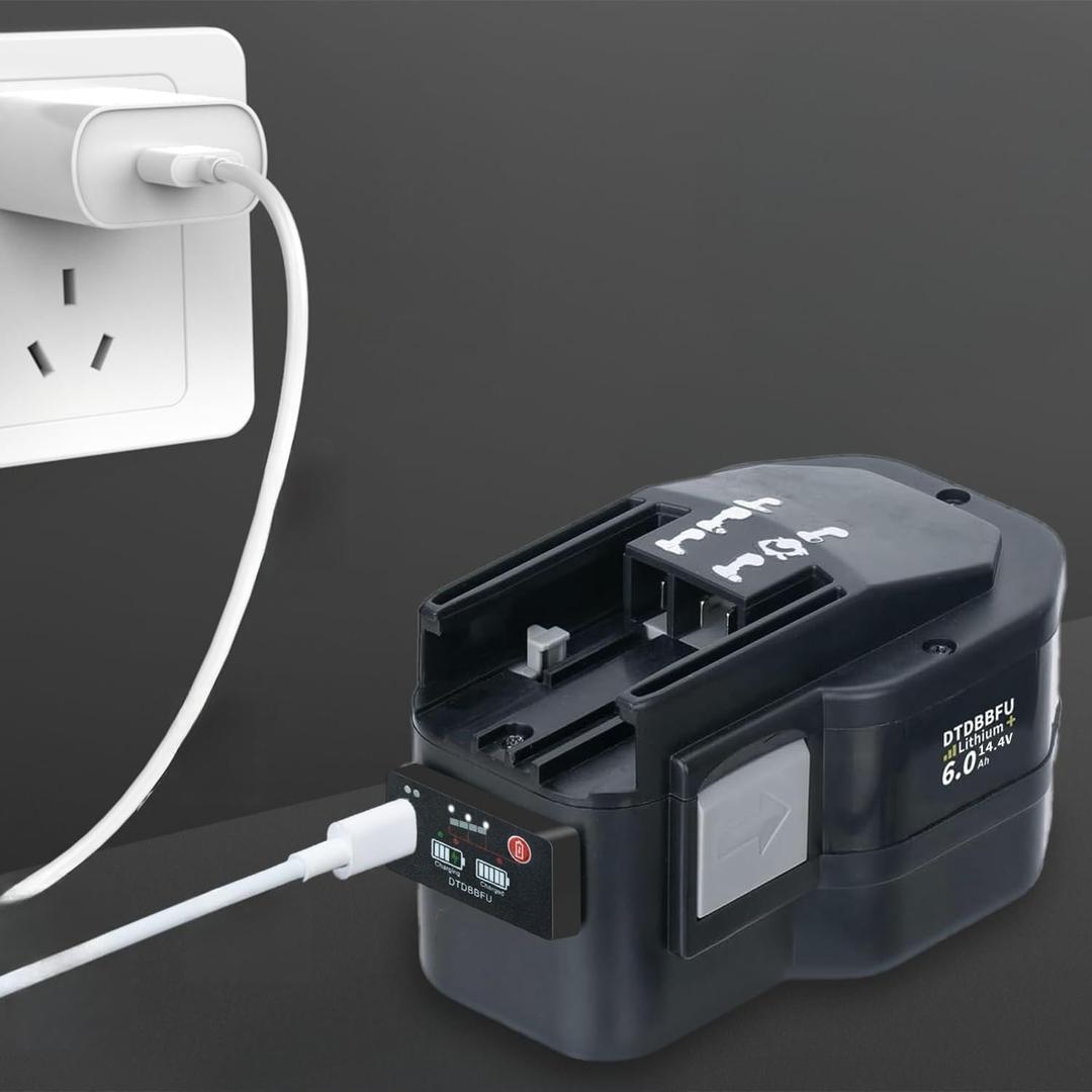 6000mAh Lithium-ion Battery Replacement for Milwaukee 14.4V 48-11-1000 48-11-1014 48-11-1024 suporting 45W Type-C Fast Charging with External Charging Device and Intelligent Display Function