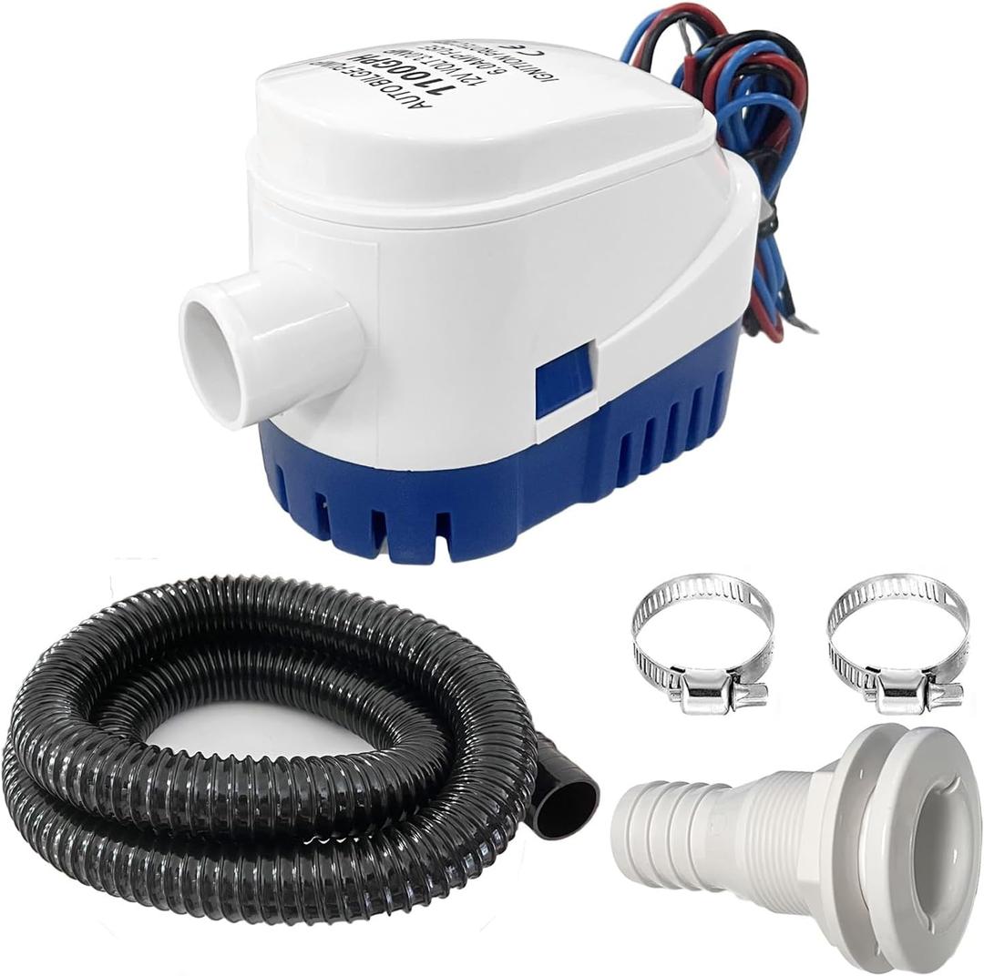 1-1/8 Inch Bilge Pump Plumbing Kit, 1100gph Electric 12v Automatic Boat Bilge Water Pump, 6 FT Hose, 2 Stainless Steel Clamps and Thru-Hull Fitting (Black with Auto Pump)