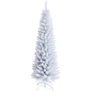 COSTWAY 6 Ft Unlit Snow Flocked Christmas Tree, Artificial Pencil Slim Holiday Tree Decoration with 340 Branch Tips, Metal Stand, Realistic Xmas Tree for Home, Shops, Office, Party, White
