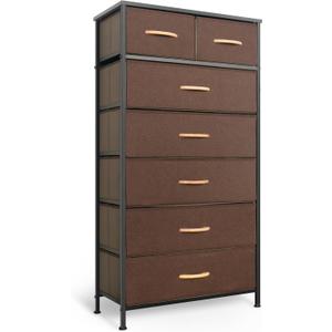 Mifuro Tall Dresser for Bedroom, Vertical Storage Organizer Tower with 7 Drawers, Chest of Drawers with Fabric Bins, Steel Frame, Wood Top for Bedroom, Closet, Entryway- Brown