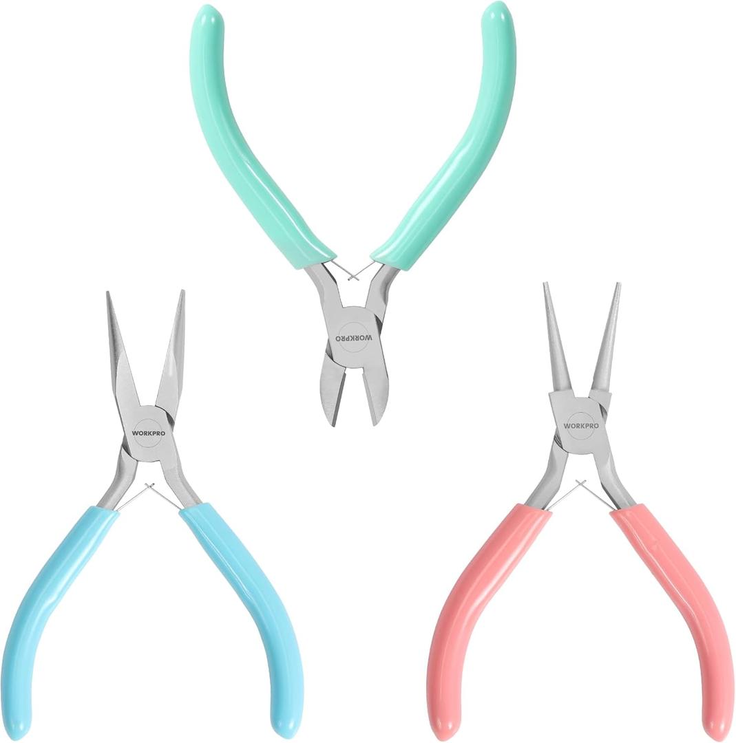 WORKPRO Jewelry Pliers Set, 3 Pack Jewelry Making Tool Kit Includes Mini Needle Nose Plier/Chain Nose Plier, Round Nose Plier and Wire Cutter for Jewelry Repair, DIY Crafts, Jewelry Making Supplies (Light Blue, Light Green, Pink)