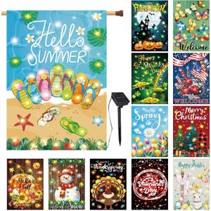Remagr 12 Pcs Solar Garden Flags 28 x 40 Inch Seasonal LED Double Sided Yard Flags Halloween Christmas Fall Thanksgiving Day Decorations Welcome Garden Holiday Yard Outside Lawn Decoration