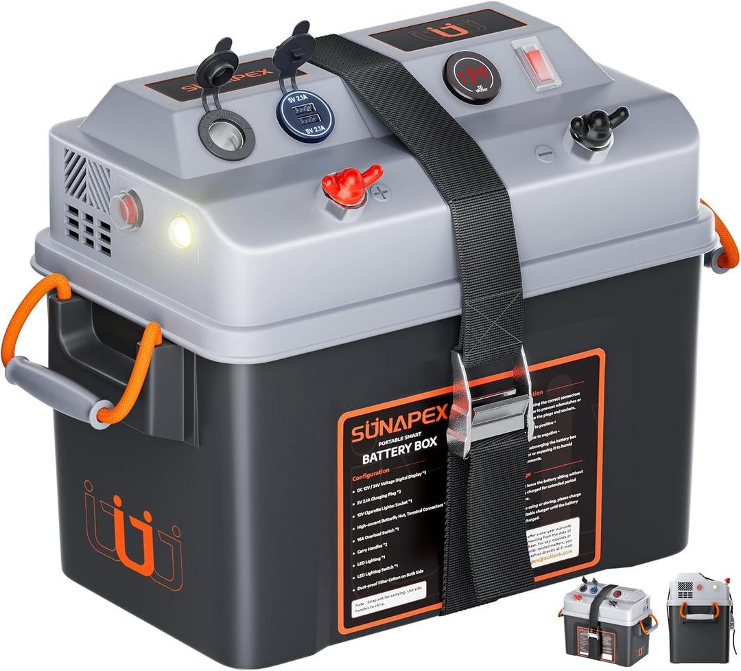 SUNAPEX Smart Battery Box 12V/24V Power Center - Multi Ports & Circuit Breaker for Trolling Motor, Marine,RV & Solar Panel (No Battery)