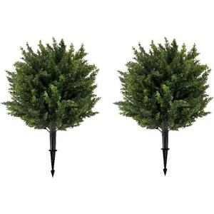 Artificial Cedar Topiary Ball Tree with Ground Spike 27.5", Set of 2 Outdoor Faux Plants UV Resistant Fake Bushes Shrubs for Garden, Yard, Porch, Patio Decor