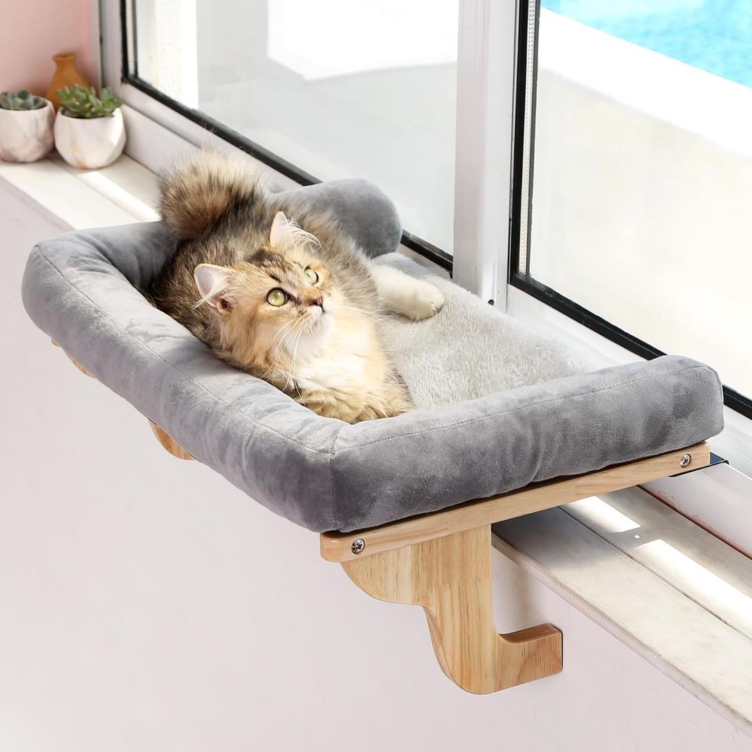 Zakkart Cat Perch for Window Sill with Bolster  Orthopedic Hammock Design with Premium Hardwood & Robust Metal Frame  Cat Window Seat for Large Cats and Kittens  Natural Color Wood Gray Bed, 24''W