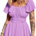 EXLURA Women's 2025 Summer Ruffle Short Sleeve Tie Back Romper Dress Square Neck A Line Cute Dressy Short Jumpsuits (Purple) XL