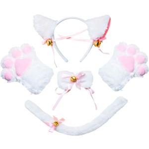 Beelittle Cat Cosplay Costume Accessories Kitten Ears Tail Collar Paws for Women Girl Halloween Dress Up (White)