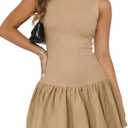 Ekaliy Short Club Dresses for Women Sleeveless Mock Neck Knit Open Back Y2K Cute Puffy Bubble Hem Tight Mini Dress Brown
, M