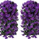 Artificial Fake Hanging Flowers Plants for Outdoor Outside Summer Decoration, 2PCS Faux Silk Morning Glory Purple UV Resistant Look Real Trailing Vines for Home Planter Porch Patio