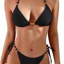 TASHEHE Women's Bikini Set High Cut Triangle Sexy Tie Swimsuit Two Piece Beads Shoulder Straps Bathing Suit (Medium, 433 / Black)