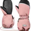 MCTi Kids Mittens Waterproof Winter Ski Warm Sherpa Lined Long Cuff with String (3X-Small, Cloud Pink)