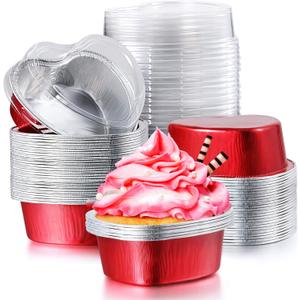 200 Sets Mini Heart Shaped Cake Pans with Lids 3.4oz/100ml Aluminum Foil Heart Cake Pans Mini Disposable Cupcake Containers for Valentine's Day Wedding Parties(Red)