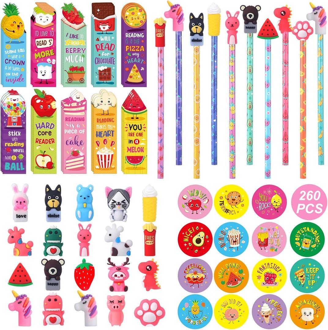 Teling 260 Pcs Scented Bookmarks and Smelly Pencils with Cute Toppers Set Include Scratch and Sniff Stickers Fun Pencils Fruit Food Theme Gift for Study Supplies