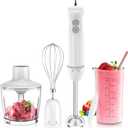 Bonsenkitchen Hand Blender, Immersion Blender with 2 Mixing Speed, 4-In-1 Stainless Steel Handheld Stick Mixer with Egg Whisk, Beaker & Chopper Bowl, for Baby Food, Soups, Smoothies, White