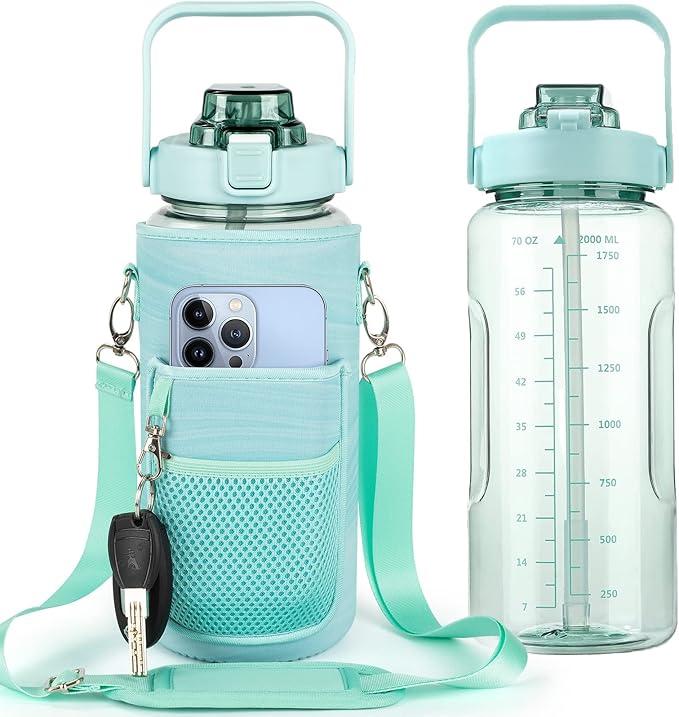 Half Gallon Water Bottle with Sleeve, 64OZ Motivational Water Bottle with Straw & Time Marker, BPA Free Leakproof Large Sports Water Bottle, Reusable Water Jug for Workout Gym Sport