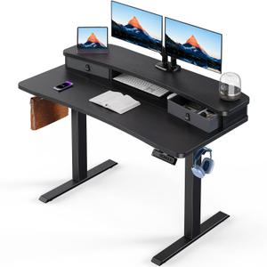 HUANUO 48 x 24 Electric Standing Desk with 2 Drawers, C-Clamp Mount Compatible, Height Adjustable Computer Desk, Home Office Stand Up Desk with 4 Preset Heights & 2 Hooks, Black