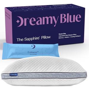 DreamyBlue Gusseted SAPPHIRE Pillow • Adjustable Loft, Luxury Cover, Shredded Memory Foam Fill w/Airflow Beads •Ideal For Wide Shoulders •Neutral Alignment for All • CertiPUR-US Certified Foam (Queen)