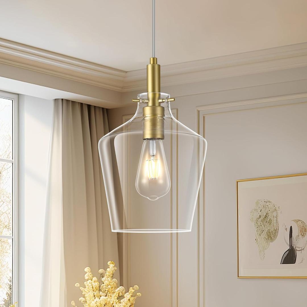Modern Brushed Gold Pendant Light, 8''Farmhouse Industrial Ceiling Light Fixture,Clear Glass Adjustable Hanging Light for Kitchen Island, Dining Room, Bedroom, Foyer1 Pack