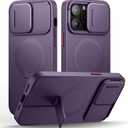SURITCH for iPhone 14 Pro Max Case with Magnetic Camera Slide Cover and Adjustable Kickstand, Compatible with MagSafe, Shockproof Bumper Case Slim Protective Cover 6.7 Inch, Dark Purple