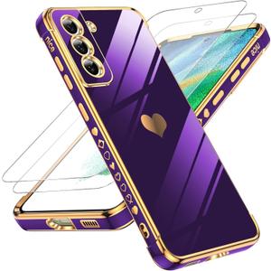 LeYi for Samsung Galaxy S21 FE Case: with Tempered Glass Screen Protector [2 Pcs]+ Full Camera Lens Protection,Love Heart Plating Luxury Soft TPU Shockproof Case for Samsung Galaxy S21 FE,Brown