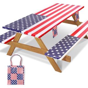 Picnic Table Cover with Bench Covers Fitted Elastic Non Slip Water Resistant Camping Tablecloths for 6 Foot Rectangular Tables Travel Trailer Gadgets Summer Garden Supplies Gifts for Couples (72*30Inch, Red Flag)