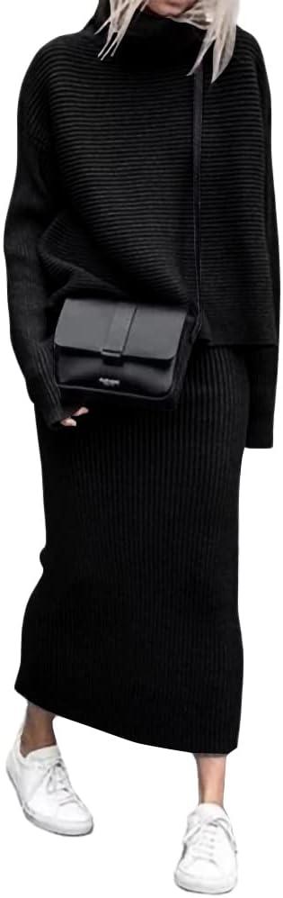 chouyatou Women's Turtleneck 2 Piece Outfits Ribbed Knit Sweater Midi Pencil Skirt Set (Small, Black)