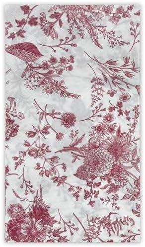 WRAPAHOLIC 25Pcs Burgundy Floral Guest Napkins - Guest Disposable Hand Towels for Bathroom, Bridal and Baby Shower, Tea Party, Garden Party, Birthday Party - 4.3 x 7.9 In
