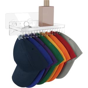 Hat Rack Wall Mount with Shelf Support 16 Caps, Space Saving Self Adhesive Hat Holder Organizer Over the Door/ Entryway/ Closet, Plastic Floating Shelf No Drill for Keys, Drawing and Plants (Clear)