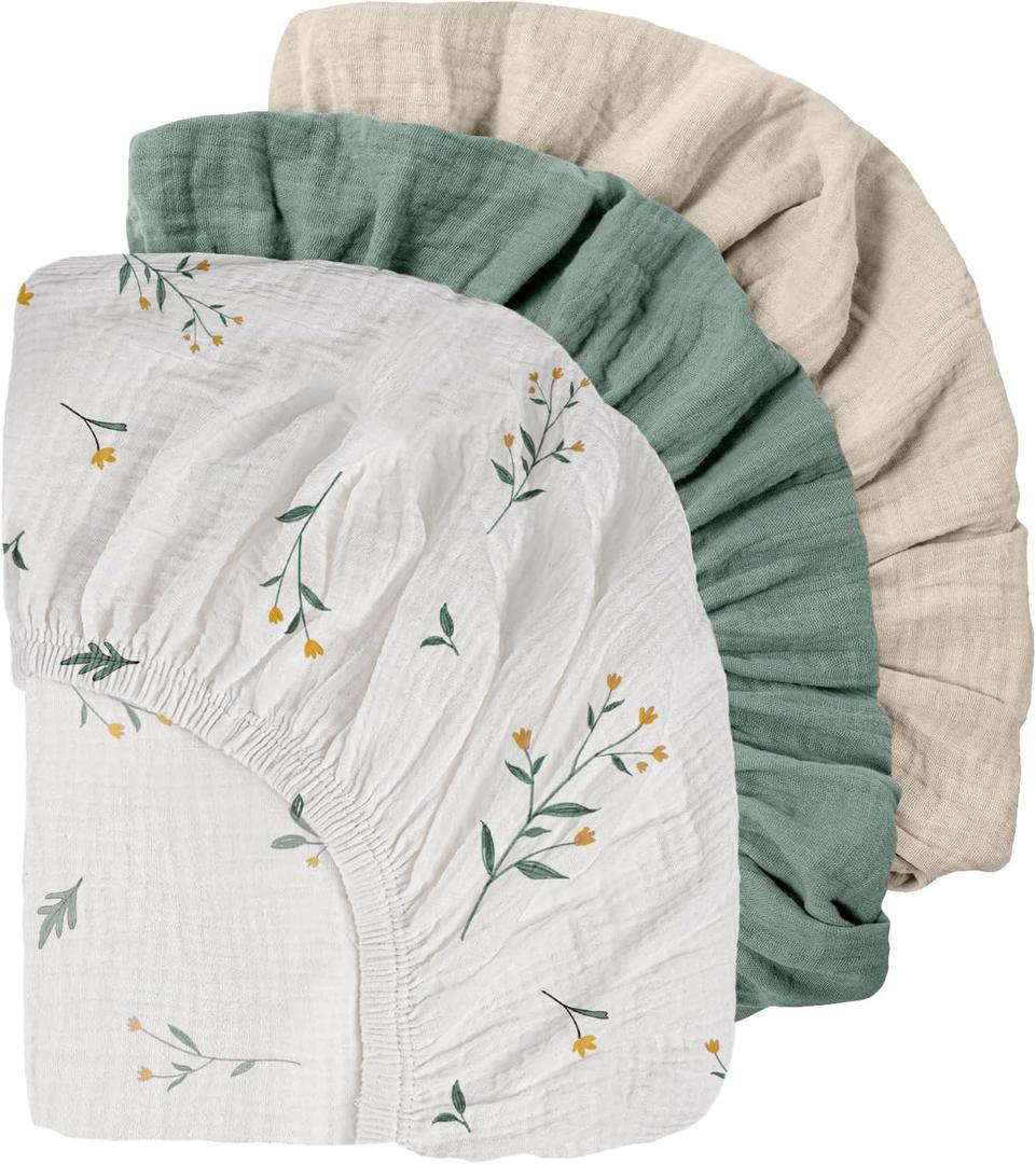 Gllquen Baby Muslin Mini Crib Sheets 3 Pack, Breathable Pack and Play Sheets Fitted 38"x26" Soft Cozy Cotton Pack N Play Sheets for Baby Boy Girls, Universal Fitted Mini Crib Mattresses (Green)