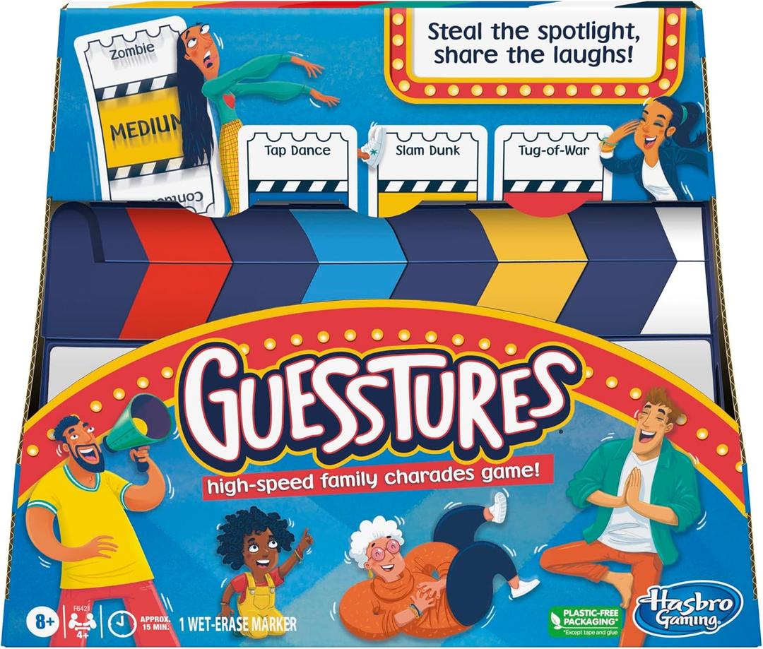 Hasbro Gaming Guesstures Game, Charades Games for 4 or More Players, Includes Customizable Cards and Clapper, Family Party Game for Ages 8 and Up