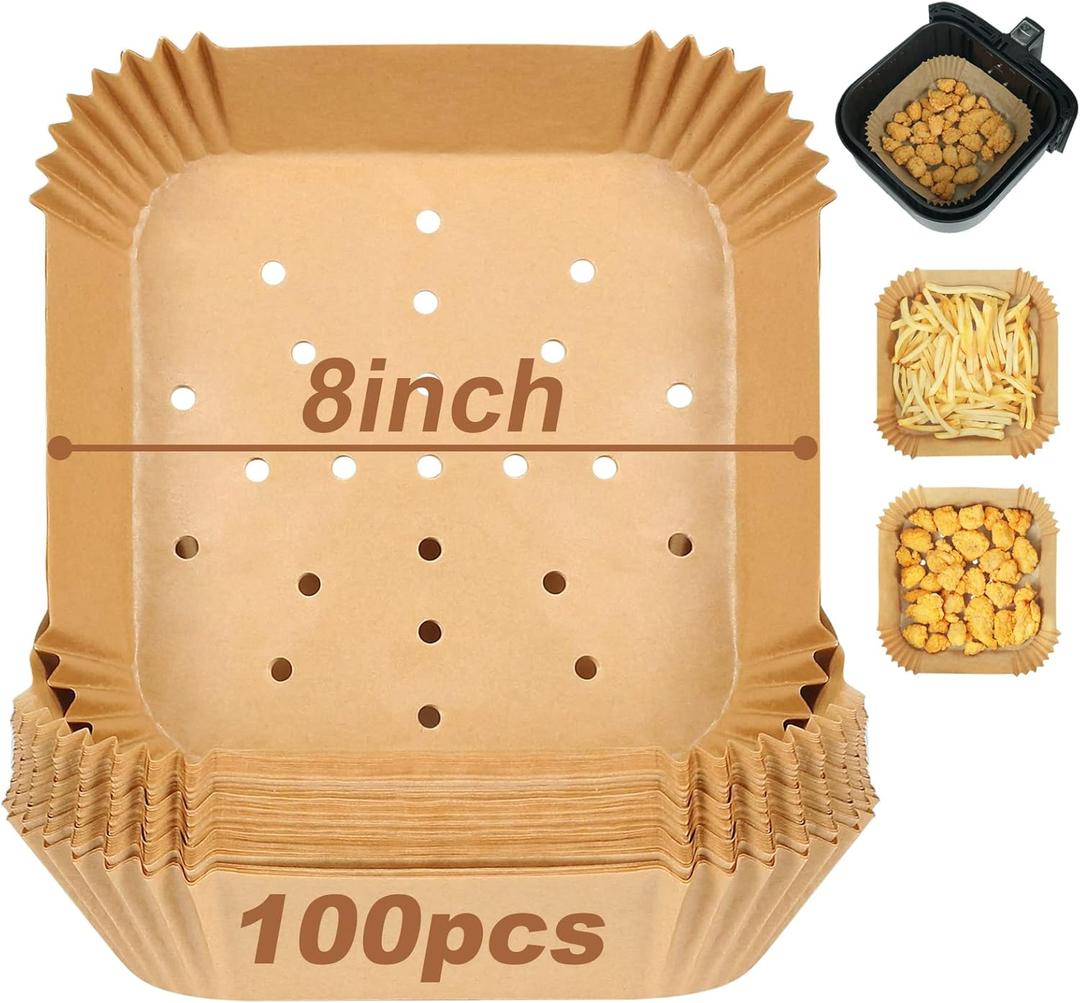BYKITCHEN Square Air Fryer Liners for 2 to 5 Qt, Set of 100, 8 Inch Perforated Small Air Fryer Parchment Paper, Mini Air Fryer Filters for Basket, Compatible with Chefman, Instant Vortex, Dash & More