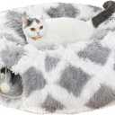 LUCKITTY Warm Fluffy Plush Cat Tunnel Bed with Washable Cushion- Big Tube Playground Toys 3 FT Diameter Collapsible, for Indoor Cat Kitty Kitten Puppy Rabbit Ferret Gray-White Diamond Pattern (Light Grey)