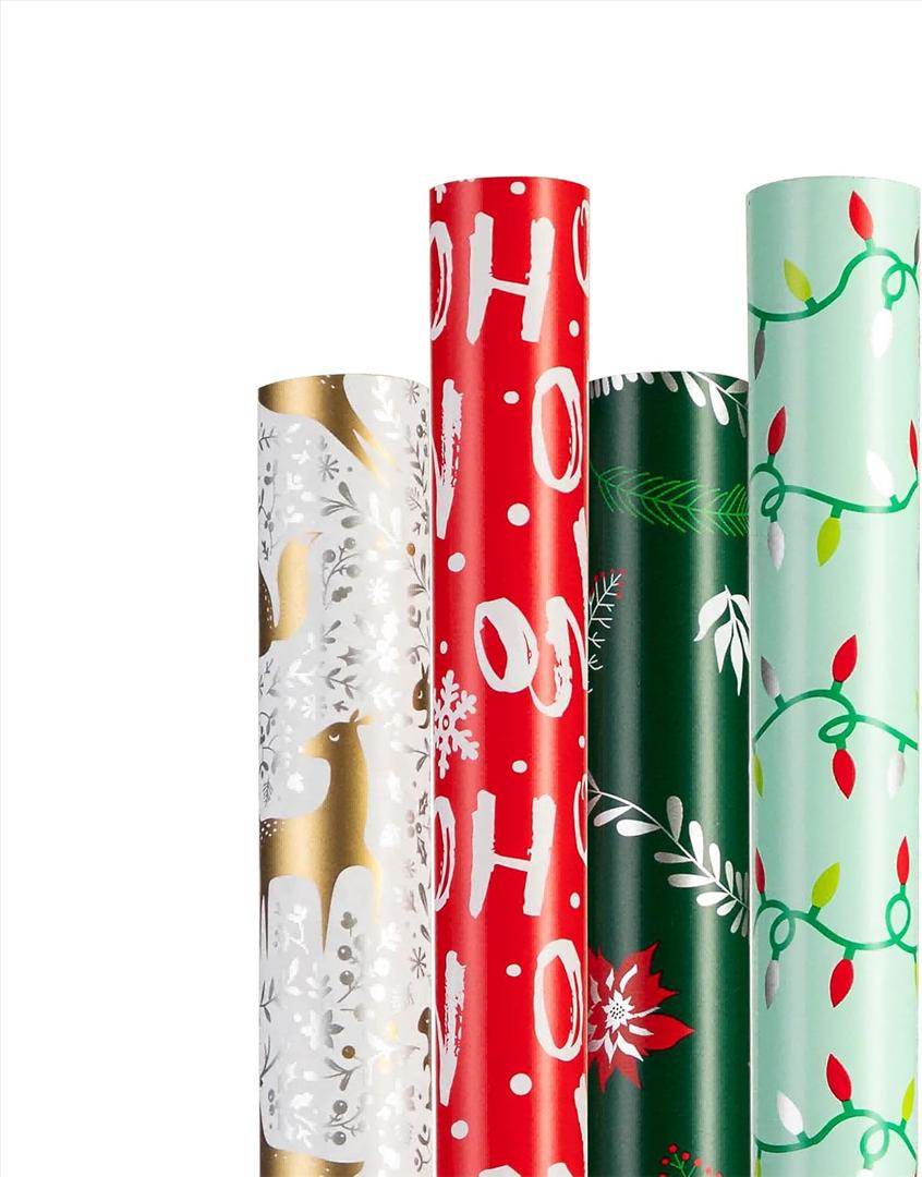 Christmas Wrapping Paper for Gifts(4 Rolls: 148 sq. ft. ttl) Reindeer, Christmas Pine Tree Leaf, Snowflakes, Rabbit Squirrel Bird Fox - 30 inches x 14.8 feet Per Roll - Christmas Elements Collection