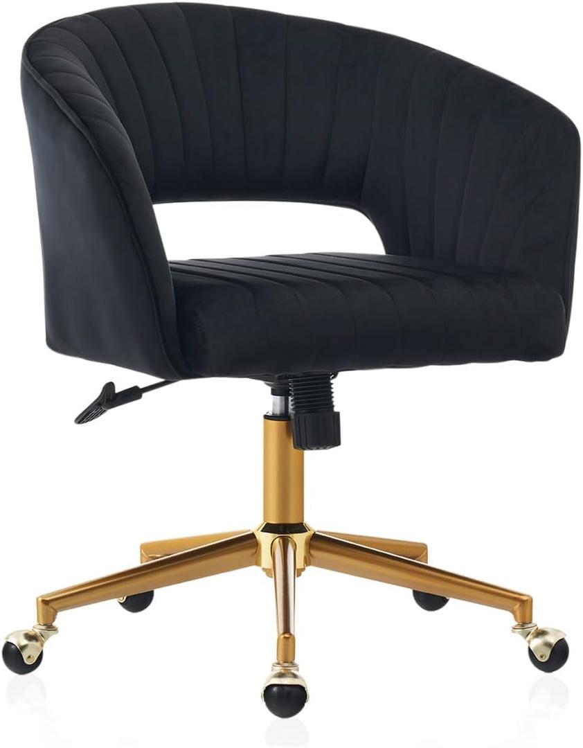 Eifizek Velvet Home Office Desk Chair with Wheels, Modern Adjustable Rolling Chair with Back, Swivel Vanity Chair for Bedroom, Office, Vanity Study (Black), 24.6 x 23.62 x 35.04 inches