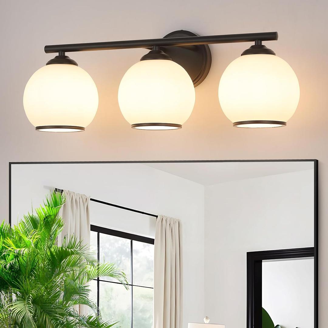 Mecgirn Milk Glass Bathroom Vanity Light Over Mirror, 3 Light Matte Black Bathroom Light Fixtures with Frosted Globe Glass Shade, Modern Vanity Lighting Wall Mounted