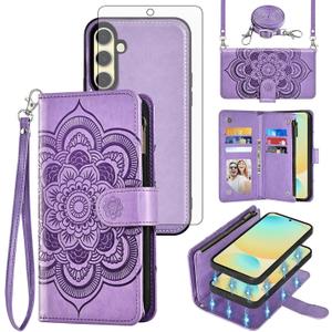 Asuwish Phone Case for Samsung Galaxy S24 FE 5G Zipper Wallet Magnetic Detachable Cell Cover with Tempered Glass Screen Protector Crossbody Strap Flower Card Holder Slot S 24 EF S24FE 24S Women Purple
