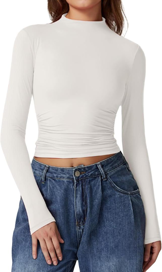 QINSEN Womens Mock Neck Long Sleeve Shirt Double Lined Basic Tees Side Ruched Going Out Crop Tops (Large, White)