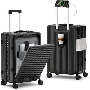Carry on Luggage, Zipperless Suitcase, Front Pocket, Black, 20 in