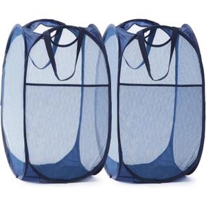 TECHMILLY Collapsible Mesh Pop Up Laundry Hamper with Sturdy Handles and Side Pocket - Portable Foldable Clothes Baskets for Dorm, Bathroom & Travel Storage (Blue, 2 Packs)