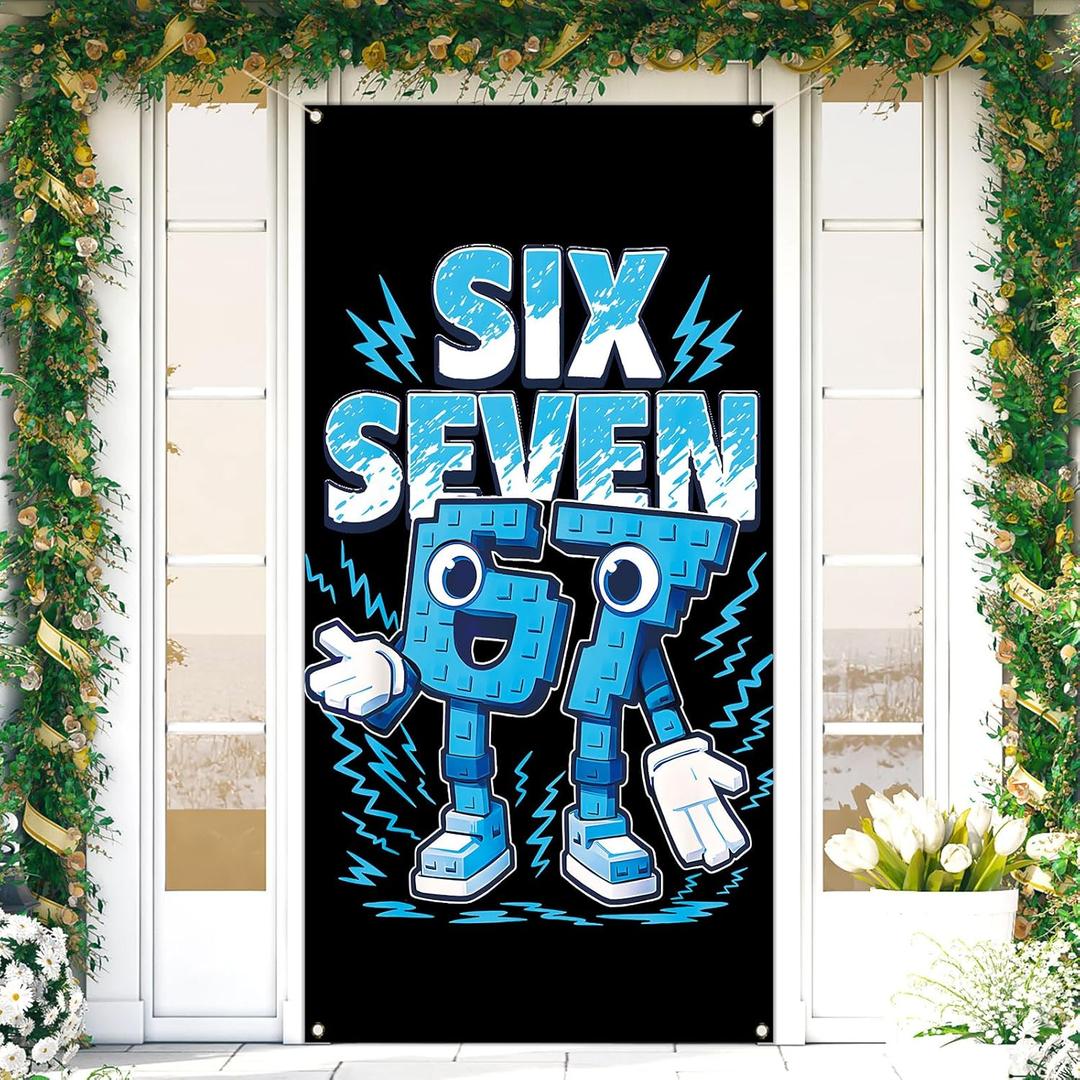 Funny 6 7 Meme Door Cover Italian Brainrot 67 Six Seven Birthday Party Decorations for School Classroom Office Home Door Banner