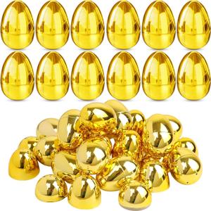 48 Pack 2.4 Inch Golden Easter Eggs, Metallic Plastic Empty Gold Eggs Bulk for Easter Egg Hunt, Easter Basket Stuffers Fillers, Filling Treats and Party Favors